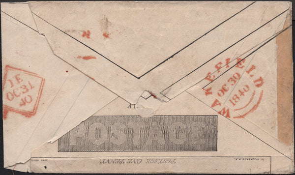 142776 1840 MISFOLDED 1D MULREADY ENVELOPE WAKEFIELD TO DUBLIN.