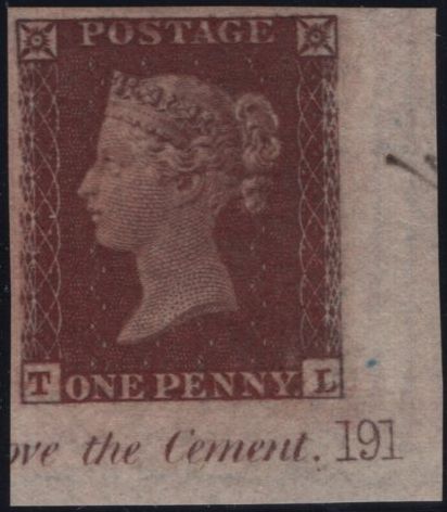 142780 1854 DIE 1 1D PL.191 CORNER MARGINAL IMPERFORATE IMPRIMATUR LETTERED TL WITH PLATE NUMBER.