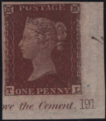142780 1854 DIE 1 1D PL.191 CORNER MARGINAL IMPERFORATE IMPRIMATUR LETTERED TL WITH PLATE NUMBER.