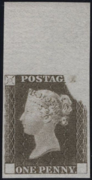 142781 1840 1D RAINBOW TRIAL IN DULL OLIVE GREEN ON THICK BLUISH LAID PAPER (SPEC DP20 STATE 3).