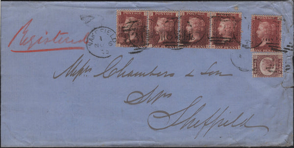 142791 1875 REGISTERED MAIL WAKEFIELD TO SHEFFIELD ½d PL.10 (SG48) 1D PL.165 (SG43) X 5.