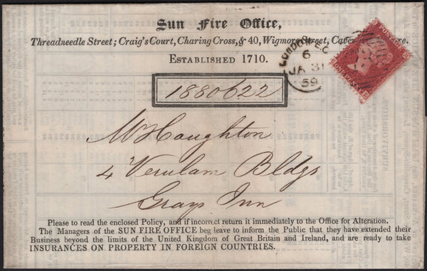 142796 1859 FINE PRINTED 'SUN FIRE OFFICE' WRAPPER USED LOCALLY IN LONDON 1D (SG40)(EL).
