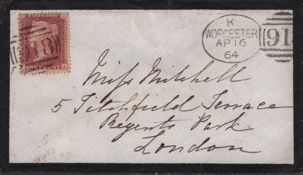 142797 1864 MOURNING ENVELOPE WORCESTER TO LONDON 1D (SG40) 'WORCESTER/918' SPOON THIRD RE-CUT (RA130).