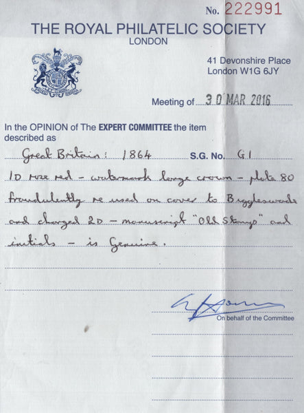 142802 1867 MAIL LIVERPOOL TO BIGGLESWADE, 1D PL.80 (SG43) FRAUDULENT RE-USE TO AVOID POSTAGE CHARGE.