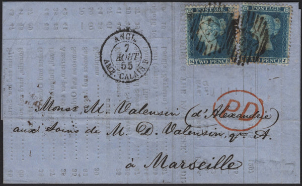 142804 1855 PRINTED MARKET REPORT LONDON TO MARSEILLE 2D BLUE PL.5 S.C.14 (SG23a) X 2.