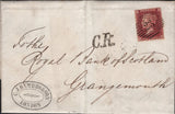 142808 1858 MAIL LONDON TO GRANGEMOUTH, STIRLINGSHIRE 1D (SG40), 'C.R.' CALEDONIAN RAILWAY HANDSTAMP.