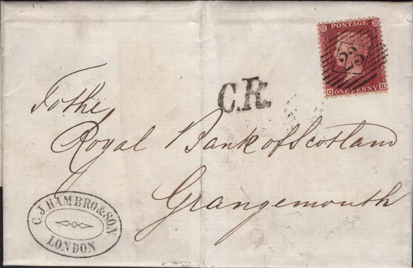 142808 1858 MAIL LONDON TO GRANGEMOUTH, STIRLINGSHIRE 1D (SG40), 'C.R.' CALEDONIAN RAILWAY HANDSTAMP.
