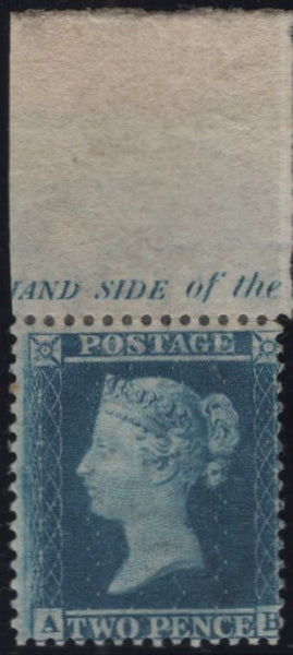 142809 1857 2D BLUE PL.6 L.C.14 (SG35) VERY FINE UNUSED WITH TOP MARGIN AND MARGINAL INSCRIPTION.
