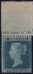 142809 1857 2D BLUE PL.6 L.C.14 (SG35) VERY FINE UNUSED WITH TOP MARGIN AND MARGINAL INSCRIPTION.