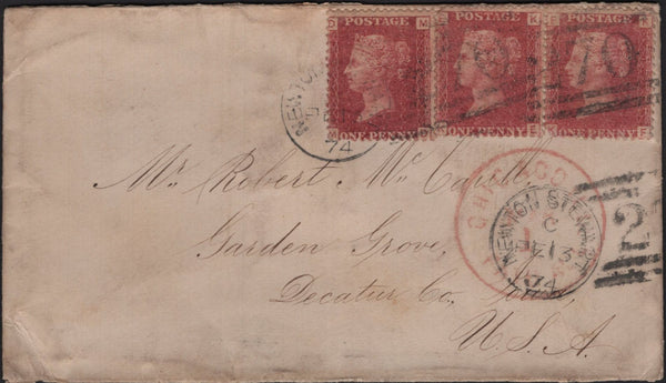 142812 1874 MAIL NEWTON STEWART, DUMFRIES AND GALLOWAY TO U.S.A. 1D PL.124 (SG43) X 3 'GALLOWAY SORTING TENDER' DATE STAMP.