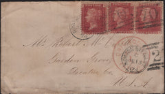 142812 1874 MAIL NEWTON STEWART, DUMFRIES AND GALLOWAY TO U.S.A. 1D PL.124 (SG43) X 3 'GALLOWAY SORTING TENDER' DATE STAMP.