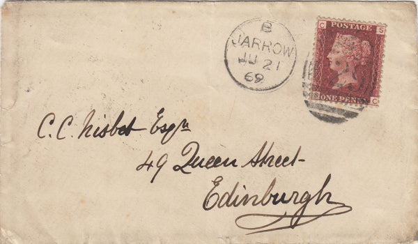 142813 1869 MAIL JARROW, DURHAM TO EDINBURGH 1D PL.125 (SG43) SCARCE 'JARROW/C29' DUPLEX EARLIEST KNOWN USAGE.