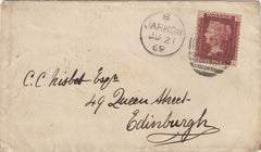 142813 1869 MAIL JARROW, DURHAM TO EDINBURGH 1D PL.125 (SG43) SCARCE 'JARROW/C29' DUPLEX EARLIEST KNOWN USAGE.