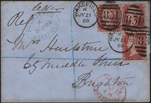 142814 1880 ENVELOPE SENT REGISTERED MAIL WAKEFIELD TO BRIGHTON 1D PL.189 (SG43) X 3.