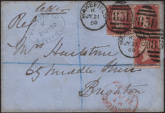 142814 1880 ENVELOPE SENT REGISTERED MAIL WAKEFIELD TO BRIGHTON 1D PL.189 (SG43) X 3.