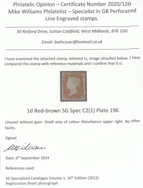 142815 1855 DIE 1 PL.196 S.C.14 (SG22)(LL) GOOD UNUSED.