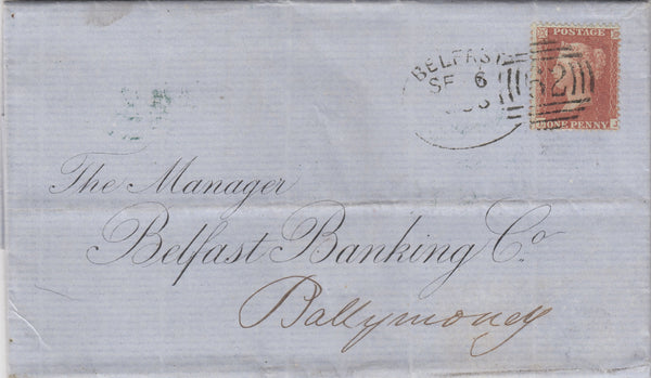 142823 1856 INTER-BANKING MAIL BELFAST TO BALLYMONEY 1D (SG29) 'BELFAST/62' ENGLISH TYPE a SPOON (RA10).