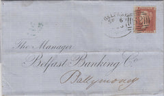 142823 1856 INTER-BANKING MAIL BELFAST TO BALLYMONEY 1D (SG29) 'BELFAST/62' ENGLISH TYPE a SPOON (RA10).