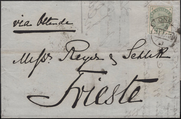 142825 1886 MAIL LONDON TO TRIESTE 5D GREEN (SG193)(KA) FINE PLUG HOLDER FLAW 'A' LOWER RIGHT.