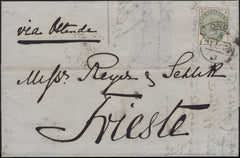 142825 1886 MAIL LONDON TO TRIESTE 5D GREEN (SG193)(KA) FINE PLUG HOLDER FLAW 'A' LOWER RIGHT.