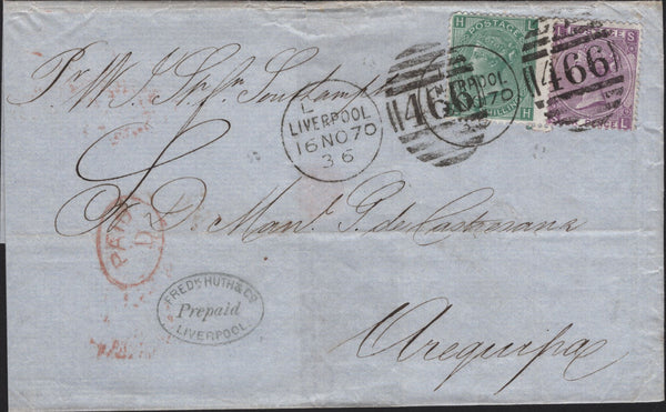 142827 1870 MAIL LIVERPOOL TO AREQUIPA, PERU WITH 1S GREEN (SG115) AND 6D MAUVE (SG109).