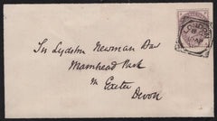 142828 1885 MOURNING ENVELOPE LONDON TO EXETER WITH 1½D LILAC (SG188) FINE SINGLE USAGE.