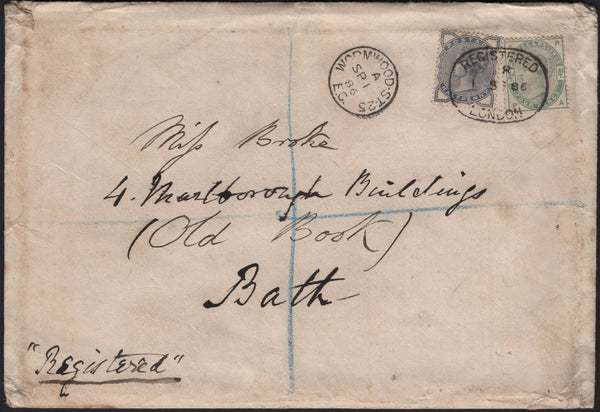 142829 1886 REGISTERED MAIL LONDON TO BATH ½D (SG187) 4D DULL GREEN (SG192).