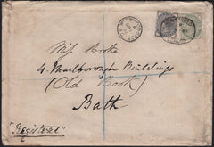 142829 1886 REGISTERED MAIL LONDON TO BATH ½D (SG187) 4D DULL GREEN (SG192).