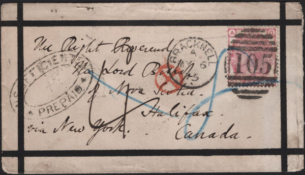 142830 1875 UNUSUAL STYLED MOURNING ENVELOPE BRACKNELL, BERKS TO HALIFAX, CANADA 3D ROSE (SG143).