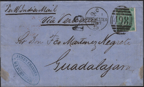 142832 1867 MAIL MANCHESTER TO GUADALAJARA, (MEXICO) 1D GREEN (SG115).