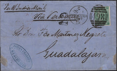 142832 1867 MAIL MANCHESTER TO GUADALAJARA, (MEXICO) 1D GREEN (SG115).