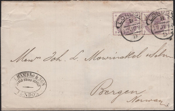 142834 1886 MAIL LONDON TO BERGEN, NORWAY 2½D LILAC (SG190) x 2 WITH 'C.I.H/and S' PERFIN OF HAMBROS.
