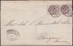 142834 1886 MAIL LONDON TO BERGEN, NORWAY 2½D LILAC (SG190) x 2 WITH 'C.I.H/and S' PERFIN OF HAMBROS.
