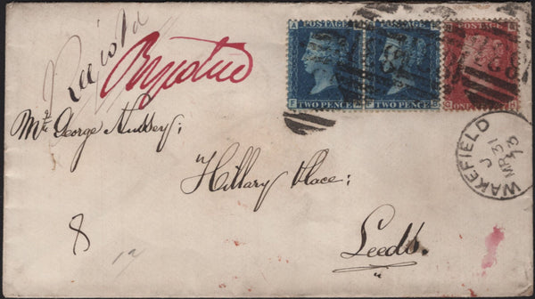 142837 1873 REGISTERED MAIL WAKEFIELD TO LEEDS 1D (SG43) AND 2D BLUE PL.14 (SG47) X 2, '831' 3VOS NUMERAL..