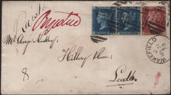 142837 1873 REGISTERED MAIL WAKEFIELD TO LEEDS 1D (SG43) AND 2D BLUE PL.14 (SG47) X 2, '831' 3VOS NUMERAL..