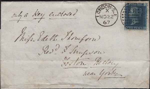 142838 1867 MAIL LONDON TO FOSTON RECTORY, NR YORK 2D BLUE (SG45) 'LIST OF PERSONS OBJECTED TO' IN THE LIST OF VOTERS.