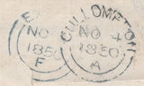 142840 1850 1D ARCHER PL.100 (SG16b)(QG)  EXPERIMENTAL PERFORATION ON COVER EXETER, DEVON TO CULLOMPTON