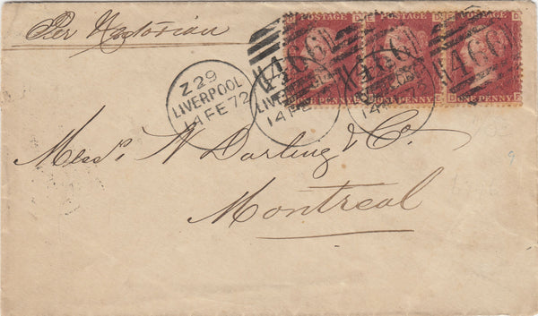 142841 1872 MAIL LIVERPOOL TO MONTREAL 1D PL.146 (SG43) X 3.