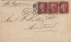 142841 1872 MAIL LIVERPOOL TO MONTREAL 1D PL.146 (SG43) X 3.