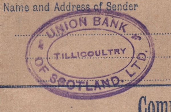 142849 11942 REGISTERED MAIL TILLICOULTRY, CLACKMANNANSHIRE TO DUNNING WITH UNAPPROPRIATED REGISTERED LABEL.