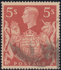142851 1939 5s RED (SG477) VARIETY 'BROKEN LION'S TAIL', GOOD USED.
