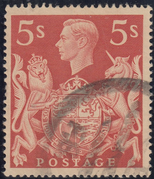 142853 1939 5s RED (SG477) VARIETY 'RE-ENTRY', GOOD USED.