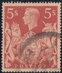 142853 1939 5s RED (SG477) VARIETY 'RE-ENTRY', GOOD USED.