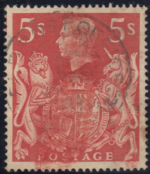 142854 1939 5s RED (SG477) VARIETY 'RE-ENTRY', GOOD USED.