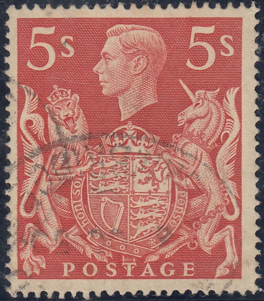 142855 1939 5s RED (SG477) 'RE-ENTRY TO LEFT FRAME LINE', GOOD USED.