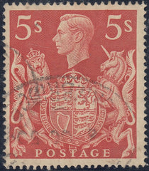 142855 1939 5s RED (SG477) 'RE-ENTRY TO LEFT FRAME LINE', GOOD USED.