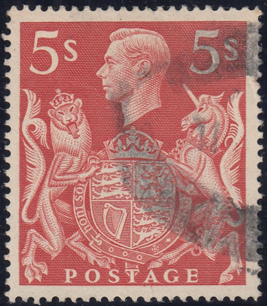 142856 1939 5s RED (SG477) 'RE-ENTRY TO LEFT FRAME LINE', GOOD USED.