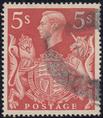 142856 1939 5s RED (SG477) 'RE-ENTRY TO LEFT FRAME LINE', GOOD USED.