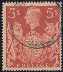 142857 1939 5s RED (SG477) 'RE-ENTRY TO UPPER PART OF SHIELD', FINE USED.