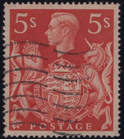 142858 1939 5s RED (SG477) 'LARGE PART 'T' GUIDE IN 'T' OF POSTAGE', GOOD USED.